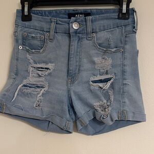 Aero Women's Distressed Light Blue Denim Shorts Size 0 women’s jeans shorts